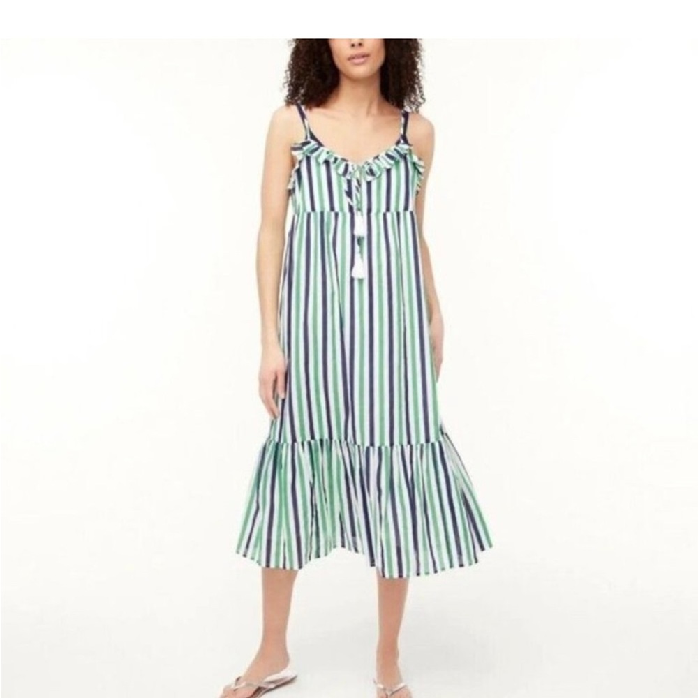 J. Crew Factory Blue Green Striped Ruffle Tiered Maxi Cover-up Dress Preppy